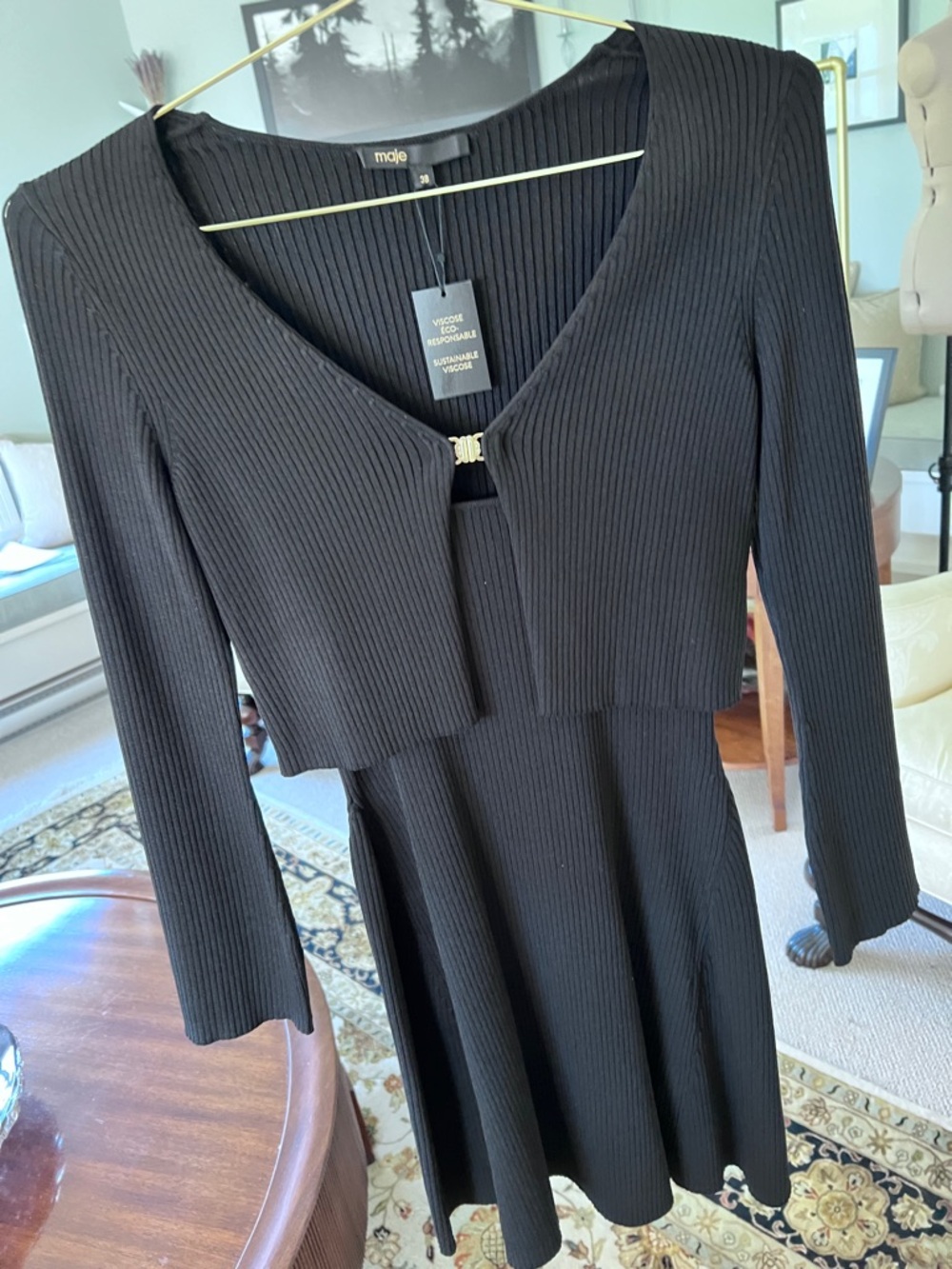 Maje Black Ribbed Long-Sleeve cardigan w/ matching Tank Knit Dress
